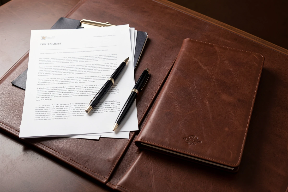 Premium legal flat lay with papers, pen and leather folder