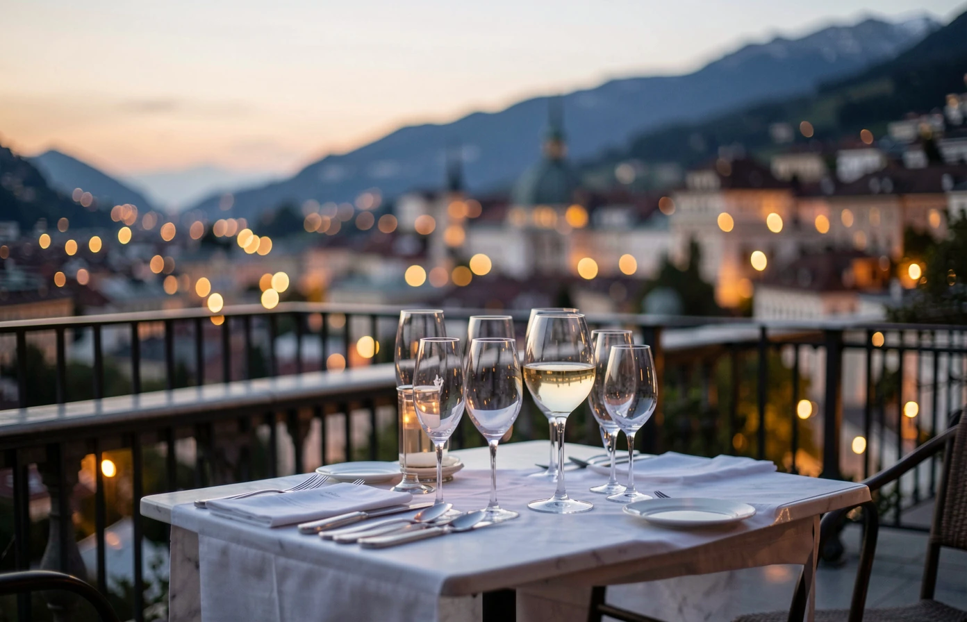 Quiet Swiss rooftop lounge with warm lights