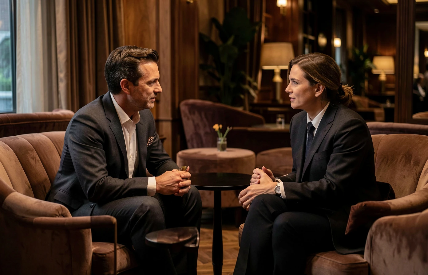 Refined urban conversation scene with golden ambience