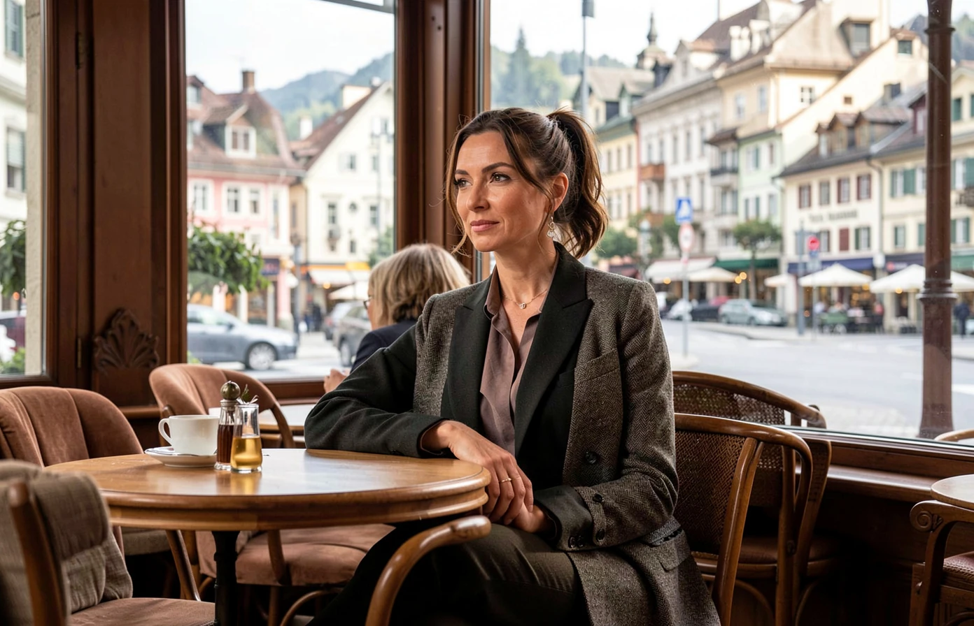 Stylish adult woman in a premium Swiss cafe