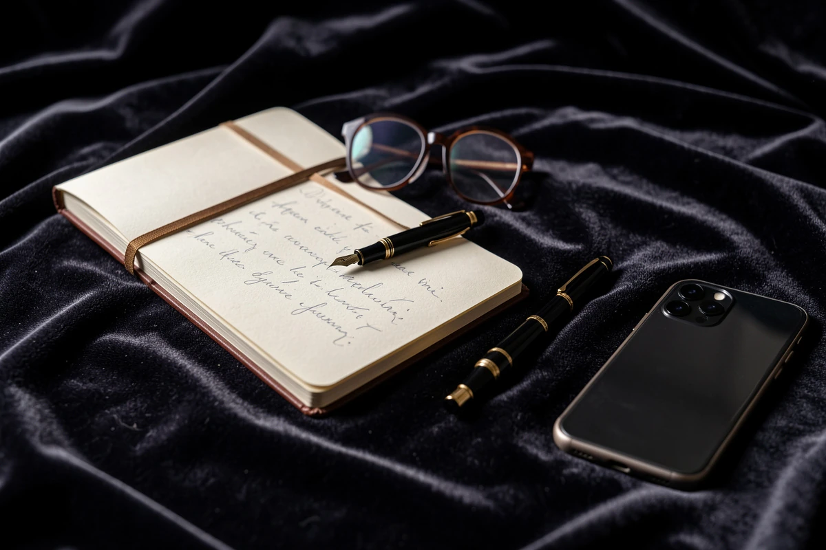 Notebook, fountain pen and glasses on a velvet surface